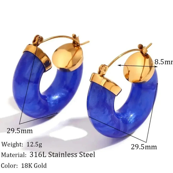 Blue 18K Gold Stainless Steel Hoop Earrings - Picture 8 of 12